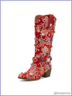 Rhinestone Cowgirl Boots Pointed Toe Chunky Heel Mid-Calf Faux Leather